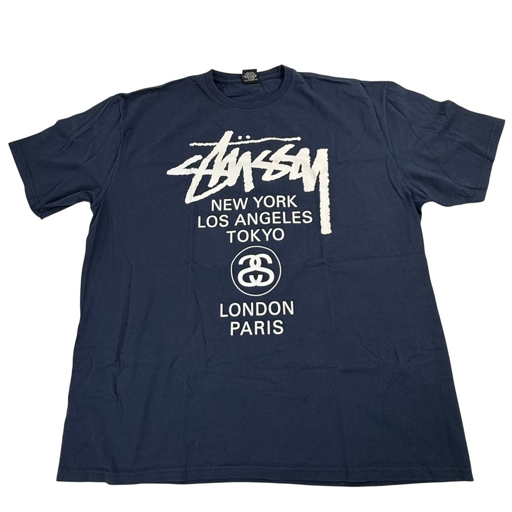 Stussy World Tour Graphic T-Shirt Navy Blue Mens XXL Short Sleeve Crew Neck